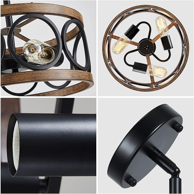 XINGQI Farmhouse Drum Pendant Light Modern 3-Light 13" Chandeliers for Dining Room, Vintage Retro Metal Hanging Light Fixtures for Entryway, Bedroom, Matte Black + Wood Grain Finish