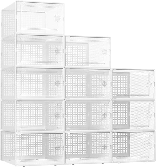 Kuject XX-Large Shoe Storage Boxes Organizers Clear Plastic Stackable 12 Pack, Shoe Rack & Holder Substitute, Sneaker Containers, Toy Storage Organizer Bins for Entryway, Closet, Under Bed, White