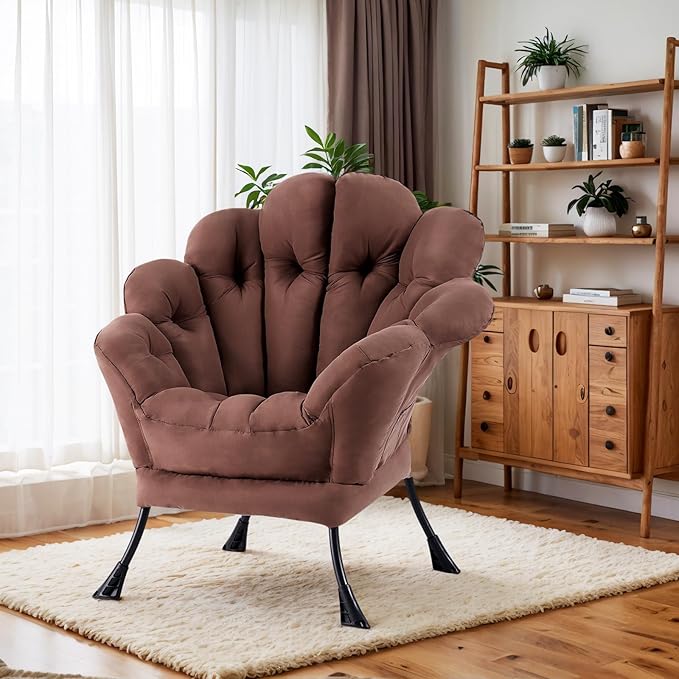 Lazy Chair, Modern Floral Reading Chair with Folding Footrest, Lounge Accent Chair, Comfortable Oversized Armchairs for Bedroom, Living Room, Courtyard, Dark Brown