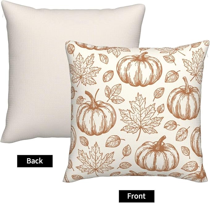 Fall Pumpkin Pillow Covers 18x18 inch Set of 2, Linen Autumn Outdoor Thanksgiving Harvest Fallen Leaves Rustic Farmhouse Decorations for Sofa Couch