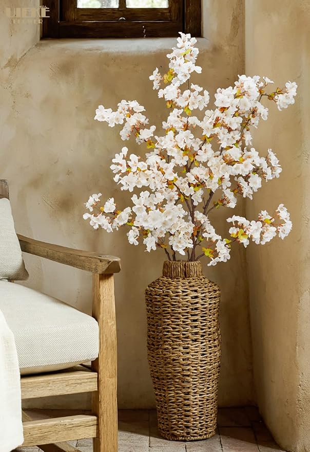 Uieke Silk Cherry Blossom Branches, 39.3in Artificial Cherry Blossom Tree Stems, Fake Plum Blossom Flowers Arrangement for Wedding Home Japanese Decor, Set of 3, White