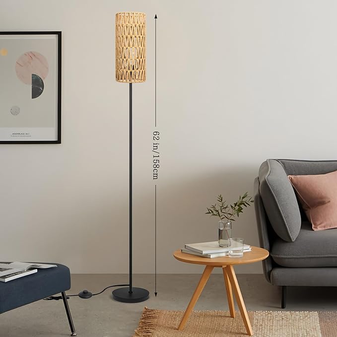 Floor Lamp for Living Room,Farmhouse Rattan Floor lamp,Modern Standing lamp with 3 Color LED Bulb,Black Tall Lamp with Foot Switch