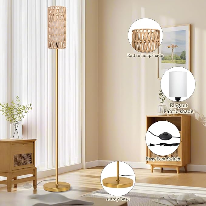 Floor Lamp for Living Room,Farmhouse Rattan Floor lamp,Modern Standing lamp with 3 Color LED Bulb,Gold Tall Lamp with Foot Switch