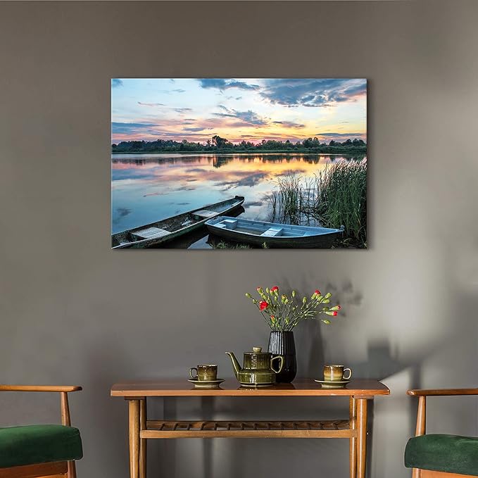 Lake Sunset Canvas Wall Art: Large Forest Landscape Scenery Prints Nature Green Water Reed Painting Wilderness Boat Shore Gallery Artwork Sunrise Skyline Scene Picture for Living Room