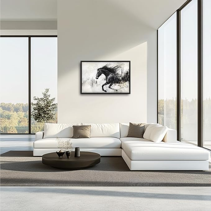Framed Large Wall Art for Living Room, Black Running Horse Canvas Wall Decor, Large City Picture Framed Painting, Abstract Modern Artwork for Bedroom Office 36L'' × 24W''