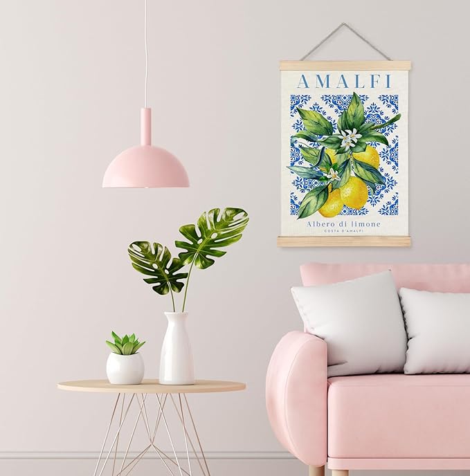 Yomisex Italian Amalfi Coast Lemon Wall Art Poster, Blue and White Floral Mediterranean Tiles Lemons Tree Canvas Prints Wall Art Framed for Home Kitchen Dining Room Decor, 12x16 Inch