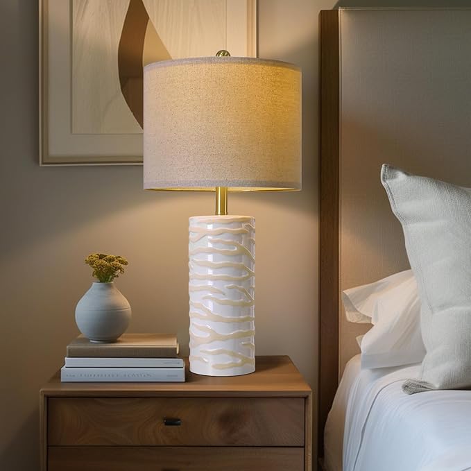 PoKat 26.75" Ceramic Table Lamp, Modern White Lamp for Living Room, Bedroom, Night Stands, Farmhouse Bedside Nightstand End Table Lamp