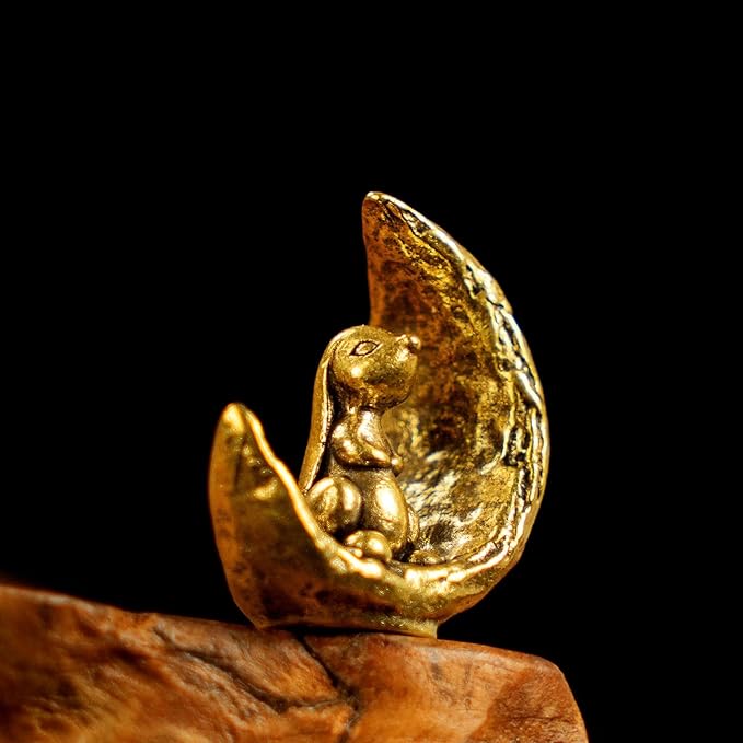 CHOVY Retro Handcrafted Moon Rabbit Sculpture - 100% Solid Brass Adorable Rabbit Sitting on Crescent Moon | Vintage Style Collectible Art Piece for Home & Office | Unique Gift for Lunar Lovers