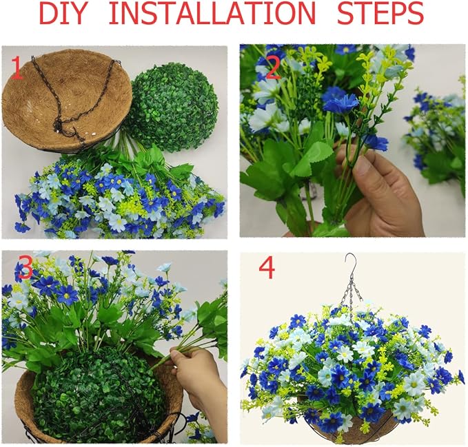 Artificial Faux Hanging Plants Flowers Basket for Summer Autumn Outdoor Outside Porch Decoration, Fake Silk Colorful Daisy Eucalyptus UV Resistant Look Real for Home Patio Balcony Yard