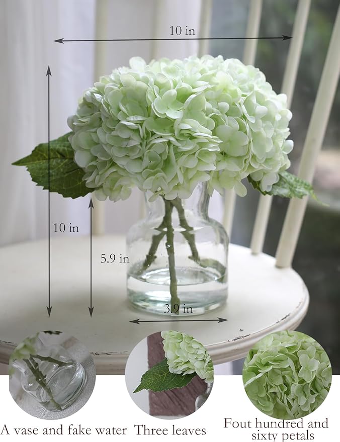 Real Touch Artificial Flowers Hydrangea in Vase for Home Decoration,Artificial Hydrangeas Centerpieces for Tables, Lifelike Fake Hydrangea in Vase for Bathroom, Office and Water Bar