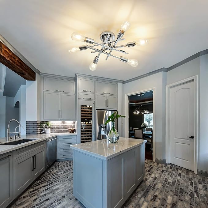 ASGYISA 6-Lights Semi Flush Mount Ceiling Light Fixture Modern Chrome Matte Sputnik Chandelier Farmhouse Ceiling Lighting for Kitchen Bedroom Dining Room Living Room