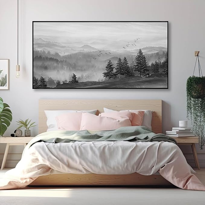 Kureful Large Wall Art Office Decor Mountain Wall Art Bedroom Decor 30"x 60" Room Decor Trees Canvas Picture Painting Grey Artwork for Bathroom Modern Home Decoration
