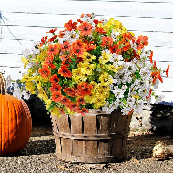 12 Pack Artificial Fall Flowers for Outdoor Orange Yellow Autumn Floral Stems Outside Faux Silk Violet Flower for Garden Porch Window Yard Wedding Thanksgiving Decoration Table Fireplace Decor