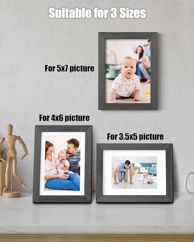 Egofine 5x7 Picture Frames Set of 4, Made of Solid Wood Covered by Plexiglass 3.5x5 and 4x6 with Mat or 5x7 without Mat, for Table Top Display and Wall Mounting Photo Frame Rustic Black