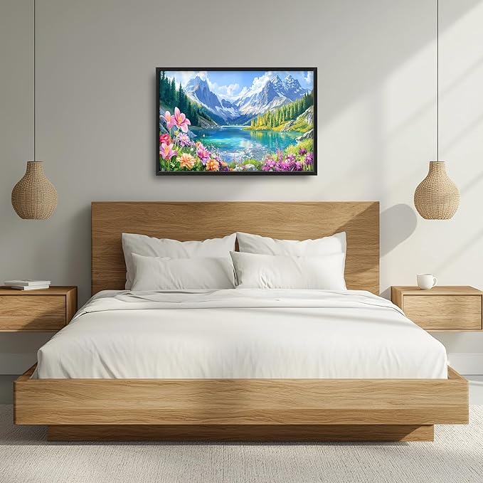 Extra Large Framed Mountain Lake Wall Art,Colorful Wild Flower Wall Decor,Mountain Forest Landscape Pictures for Living Room,Canvas Print Painting Modern Artwork Bedroom Office Bathroom 36L x24W