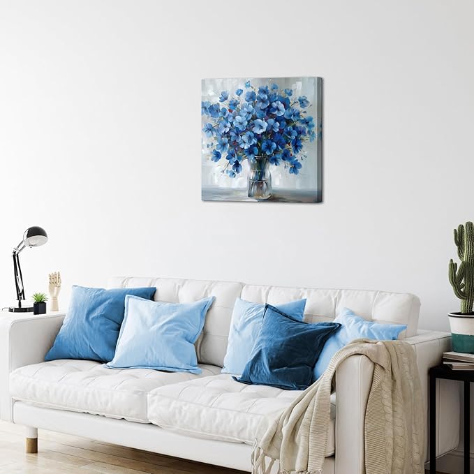 AoArtWZ Flower Canvas Wall Art White and Blue Flowers Pictures Artwork Abstract Floral Rustic Farmhouse Painting Prints for Home Decoration Framed 24" x 24"