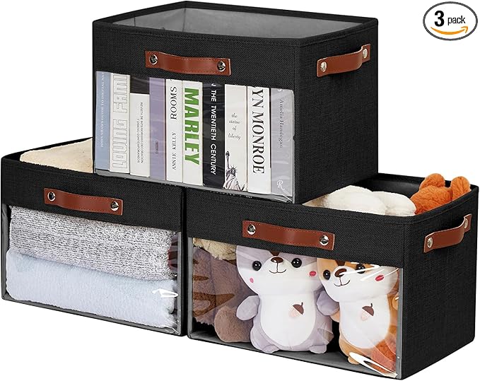 Large Storage Baskets with Clear Window, See Through Closet Organizer with PU Handles, Linen Foldable Storage Bins for Organizing Clothes, Toys, Books (Black)