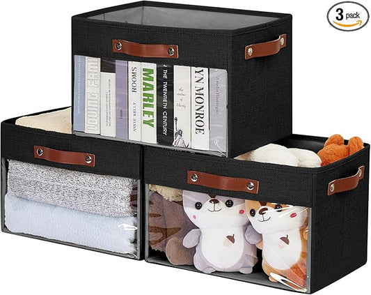 Large Storage Baskets with Clear Window, See Through Closet Organizer with PU Handles, Linen Foldable Storage Bins for Organizing Clothes, Toys, Books (Black)