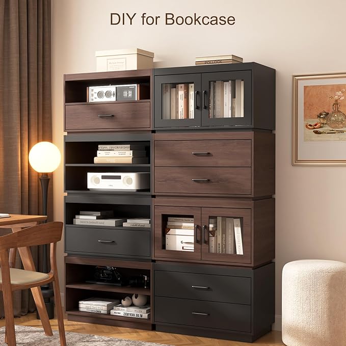 Stackable Storage Drawers,28" Wide Storage Bins w/ Drawers and Compartment for Closet Organizers, Wood Stackable Closet Organizer Modern Large Stackable Storage Units for Living Room Hallway, Black