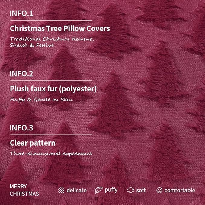 GEEORY Christmas Tree Throw Pillow Covers 12x20 Inch Set of 2, Xmas Winter Soft Plush Faux Fur Wool Decorative Farmhouse Holiday Cushion Case for Home Decoration (Wine Red) GC009-12