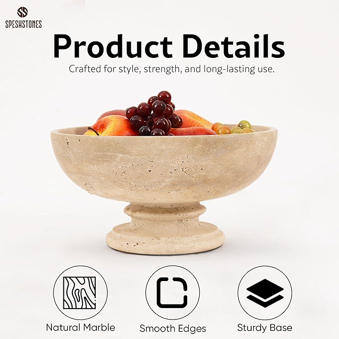 Marble Fruit Bowl 10 Inch Handmade Large Decorative Bowl for kitchen Counter - Modern Travertine Serving Dish for Fruits & Snacks - Pedestal Bowls for Dining Room & Coffee Table Decor