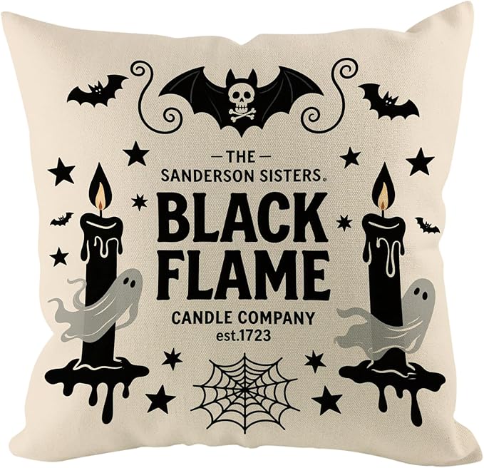 Halloween Pillow Covers 18x18 inch Set of 4, Linen Outdoor Cute Ghost Vintage Hocus Pocus Saying Farmhouse Party Supplies Black and White Decorations for Sofa Couch