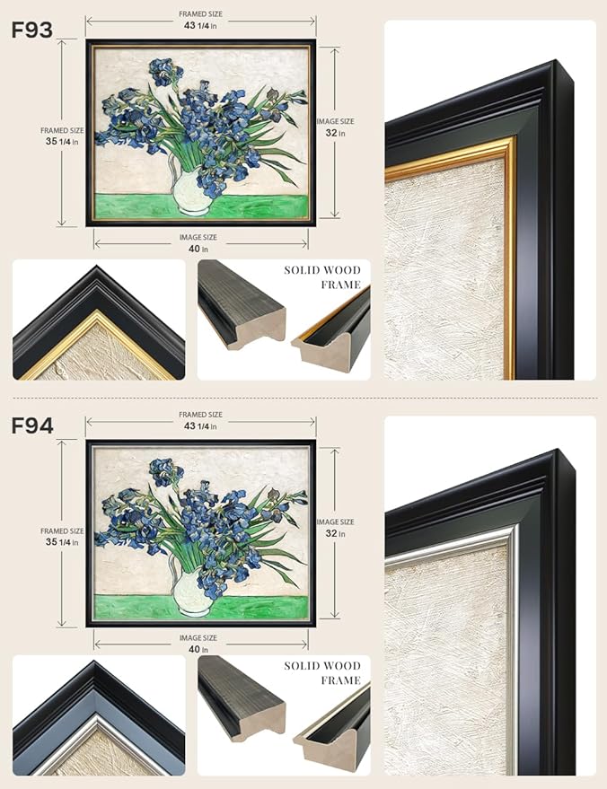 DECORARTS - Vase with Irises 1889 by Vincent Van Gogh Art Reproduction. Oversize Solid Wooden Frame Matching with Giclee Prints Canvas Wall Art. Total framed size: 43x35