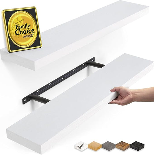 BAYKA Floating Shelves Set of 2, 22.5" Rustic Wood Wall Mounted Shelves for Bathroom, Bedroom, Living Room, Kitchen & Office, Hanging Display Shelf with 22 lbs Capacity (White)