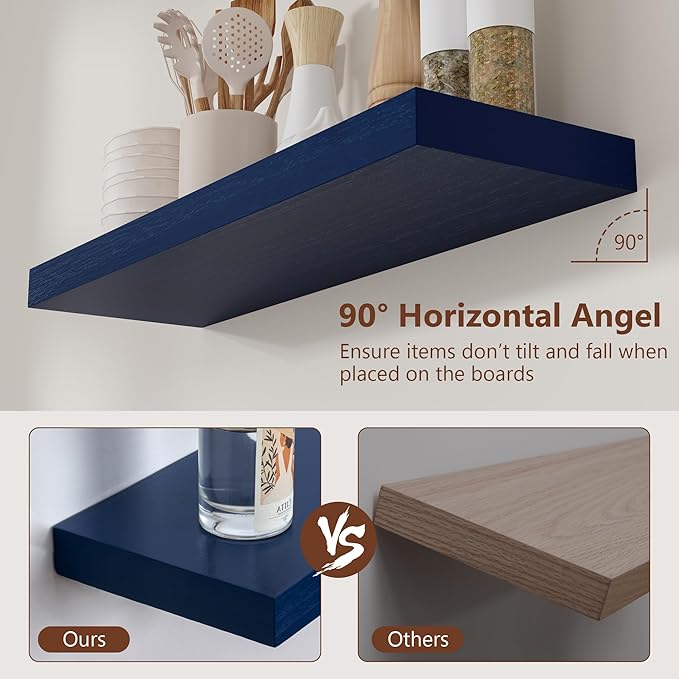 Dark Blue Floating Shelves 24 Inch, Solid Wooden Wall Shelves Set of 2, Rustic Floating Wall Shelves for Decor & Storage for Living Room Bedroom Bathroom