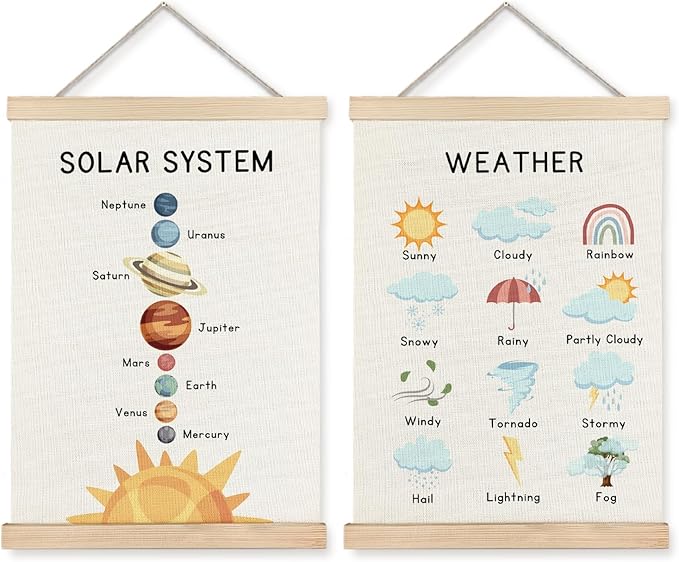 Supwhd Solar System Space Wall Decor, Nursery Wall Decor, Space Weather Chart Wall Art Educational Poster for Kids Room Classroom Preschool Decor, 12x16 Set of 2