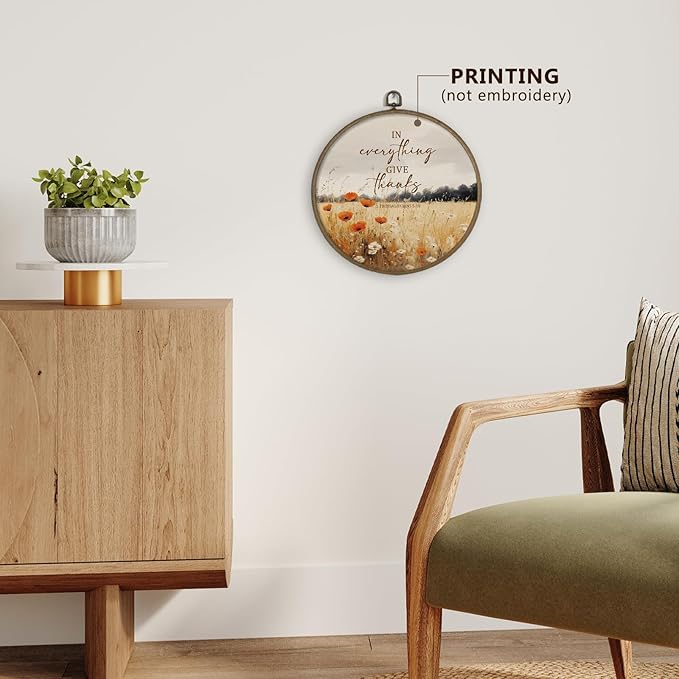 Gnmduw Fall Christian Wall Art Framed, Thanksgiving Fall Landscape Round Hanging Wall Decor, In Everything Give Thanks Canvas Prints Art for Farmhouse Living Room Bathroom Gallery Bedroom, 10x10 Inch