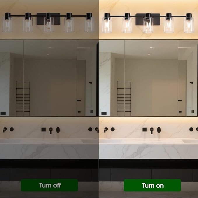 5-Light Modern Vanity Light Fixtures Over Mirror, Matte Black Bathroom Light Fixtures, Vanity Lights, Wall Sconce with Clear Glass Shade for Bathroom, E26 Base