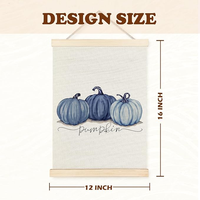 Supwhd Watercolor Fall Blue Pumpkin Wall Art with Wooden Poster Hanger, Fall Wall Decor, Fall Posters, Farmhouse Fall Pumpkin Autumn Harvest Thanksgiving Wall Art Decor, Fall Home Decor, 12x16