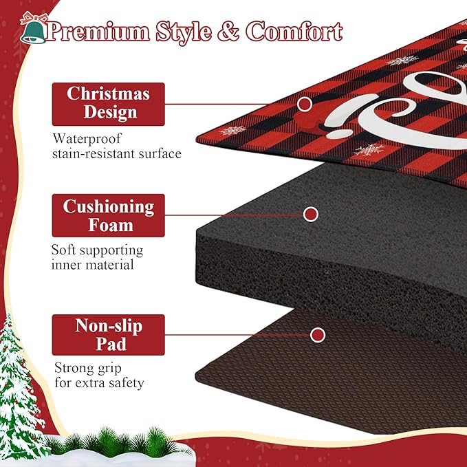 SHACOS Christmas Kitchen Rugs Set of 2 Anti-Fatigue Kitchen Mats Cushioned Red Plaid Christmas Truck Kitchen Rugs Buffalo Checker Kitchen Mats and Rugs for Xmas 17"x27.5"+17"x47"