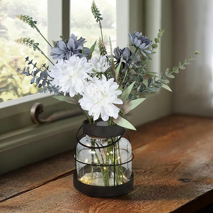 Vintage Farmhouse Lantern Decor LED Lighted Vase, Rustic Glass Vase with Artificial Flowers, Farmhouse Table Centerpiece for Floral Arrangements with Hidden Switch Lid