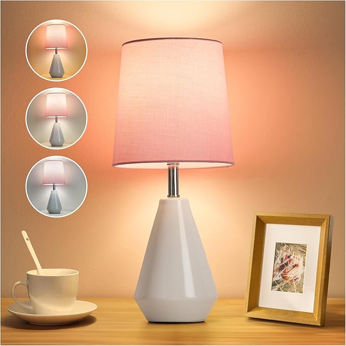 Small Bedside Table Lamp for Bedroom - Reading Desk Lamp with 3 Color Temperatures，15.5" Nightstand Ceramic Lamp with Fabric Shade for Kids Room,Living Room,Dorm,Home Office (White+Pink