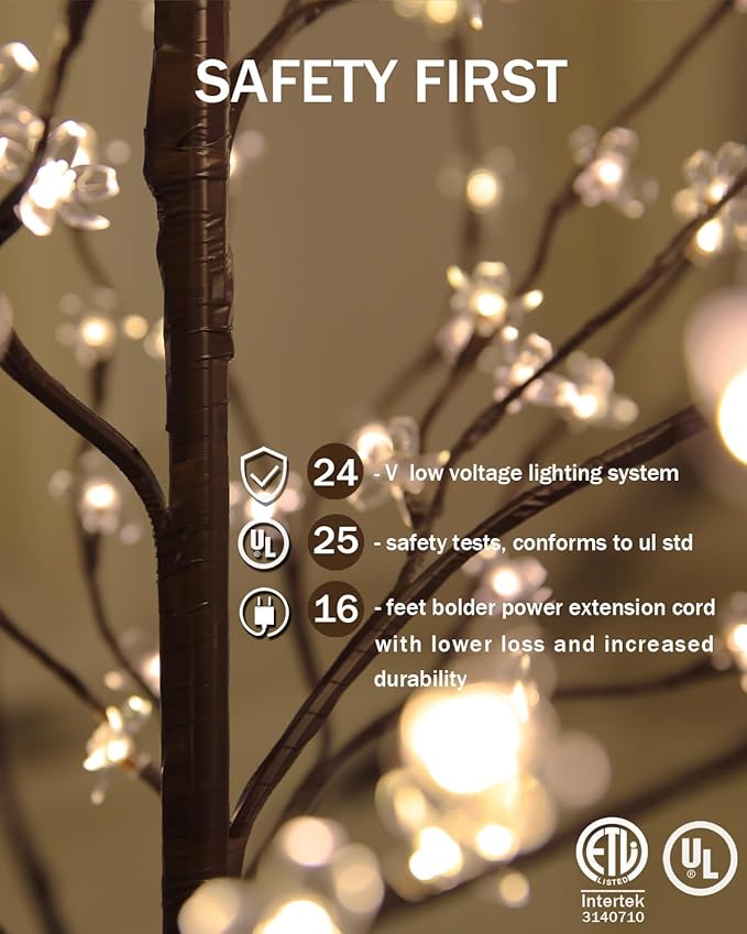 4ft Lighted Cherry Blossom Tree with 144 Warm White LED Lights for Holiday Decor - Dimmable, UL Certified, Waterproof - Ideal for Indoor and Outdoor Decoration