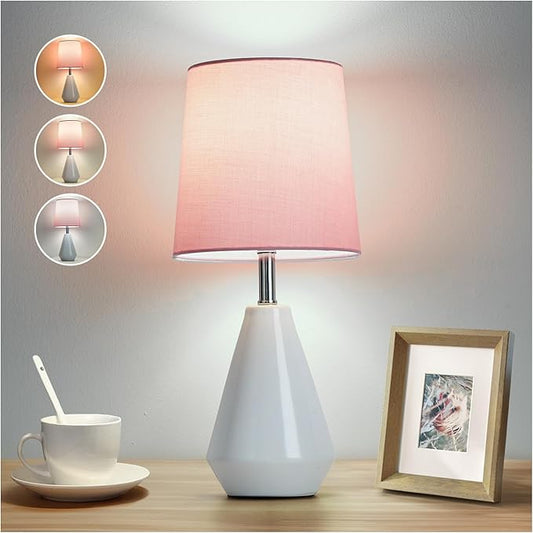 Small Bedside Table Lamp for Bedroom - Reading Desk Lamp with 3 Color Temperatures，15.5" Nightstand Ceramic Lamp with Fabric Shade for Kids Room,Living Room,Dorm,Home Office (White+Pink