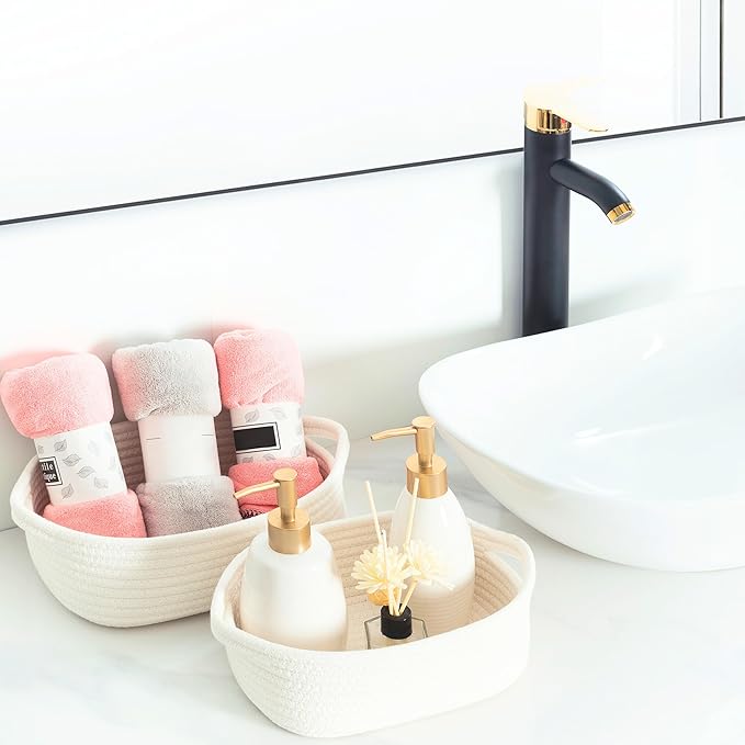 MINTWOOD Design 5-Piece Small Decorative Woven Storage Baskets Set for Shelves, Bathroom, Pantry and Nightstand Organizer, Catch All Tray for Organizing Gifts, Dog and Cat Toys, Creamy White