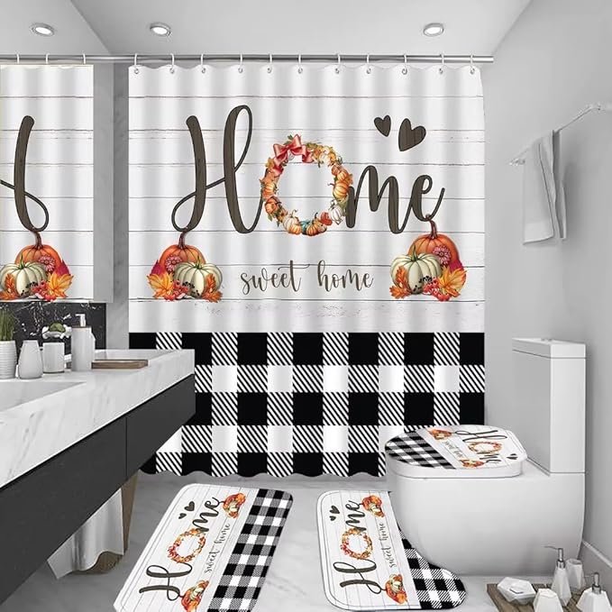 FZDHHY 4PCS Fall Bathroom Set Pumpkin Shower Curtain Set Thanksgiving Bathroom Decor Set Autumn Shower Curtains for Bathroom with 12 Hooks 72x72 inch