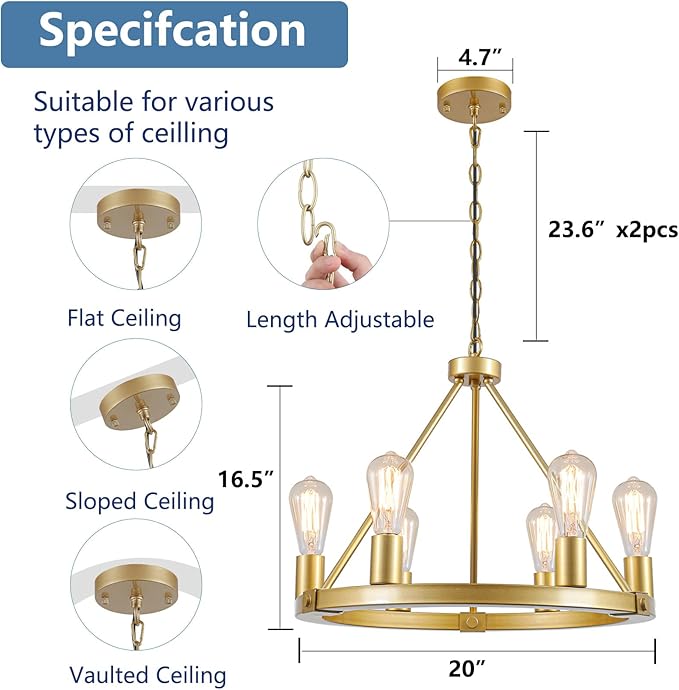 9MMML Gold Wagon Wheel Chandelier, 6-Light Industrial Pendant Light, 20'' Farmhouse Ceiling Hanging Chandelier Light Fixture for Living Room, Bedroom, Entryway, Foyer