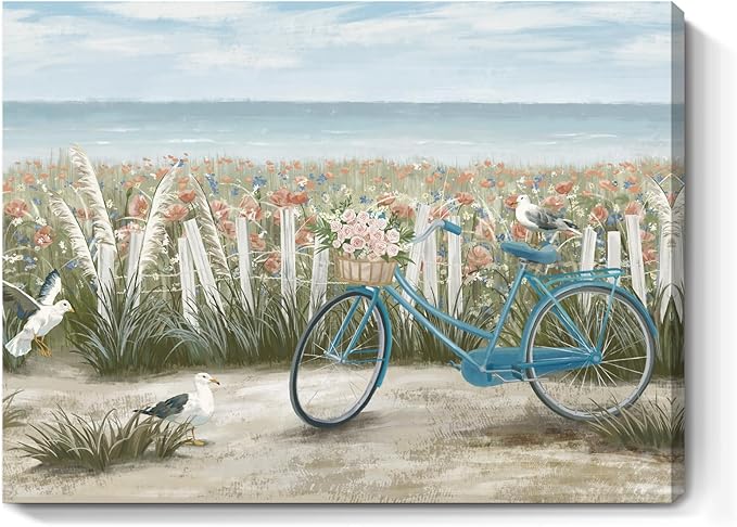 Bathroom Wall Art Farmhouse Boho Ocean Beach Coastal Vintage Floral Canvas Print Seaside Blue Bicycle Seagull Seascape Painting Seashore Botanical Wildflower Field Daisy Flowers Artwork 12x16inch
