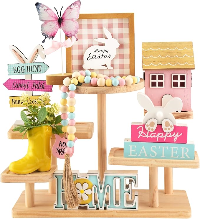 Spring Decorations, 8 Pieces Easter Spring Tiered Tray Decor, Home Office Table Shelf Decor Gifts, Tray Objects Decoration Bundle Bunny Bead Garland Wood Plaques Signs Decorative Ornament Set