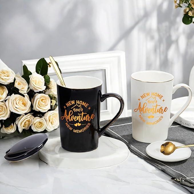 House Warming Gifts New Home Coffee Mug Set for Couple, Women, Friends, New Homeowner, Realtor, Welcome First Home Closing Gifts, 14oz Black and White Ceramic Cup