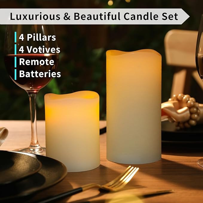 FURORA LIGHTING Ivory Real Wax Flameless Candles with Remote and Timer, 4 Pillars and 4 Votives Pack of 8, Flameless Flickering Candles for Home Décor, Battery Included