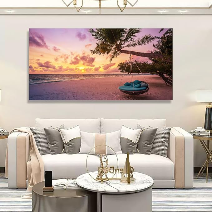 Purple Beach Palm Pictures Canvas Wall Art For Living Room Bedroom Wall Decor,Sunset Wall Art Print Paitnings For Home Decor,Morden Artwork Coconut Tree Canvas Art Ready To Hang-28x57 Inches
