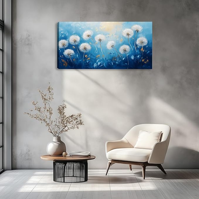 Kuiluuye Dandelion Wall Art Large Flower Painting Wall Decor Canvas Print Blue White Flora Picture for Living Room Home Bedroom Decoration Framed Poster Artwork 60L x 30W