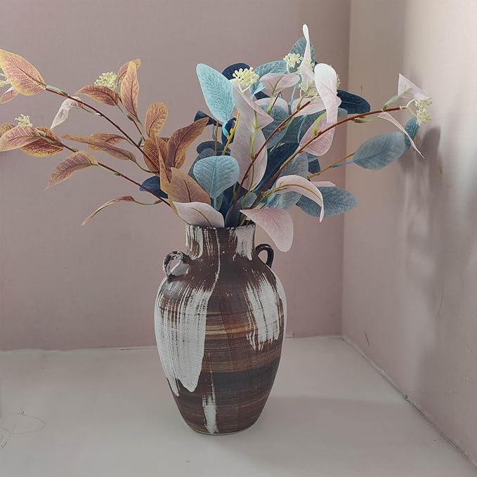 Rustic Pottery Vase - 10" Handmade Brown and White Farmhouse Vase with Handle, Unique Boho vase, Decorative Neutral Vases Home Decor, Vintage Ceramic Flower vases for Living Room, Kitchen Decor