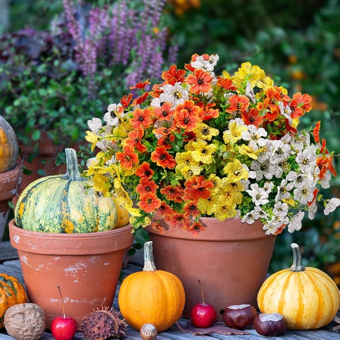 12 Pack Artificial Fall Flowers for Outdoor Orange Yellow Autumn Floral Stems Outside Faux Silk Violet Flower for Garden Porch Window Yard Wedding Thanksgiving Decoration Table Fireplace Decor