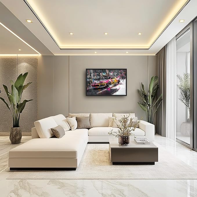 Flintis Large Japanese Graffiti Car Framed Wall Art Racing Car Pictures Wall Decor Abstract Street Racing Canvas Painting Print Artworks Framed for Living Room Bathroom Master Bedroom 36L X 24W